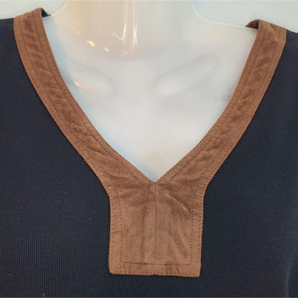 Lauren Ralph Lauren Womens L Tunic V-Neck Black Faux Suede Brown Trim Academia - Picture 3 of 13